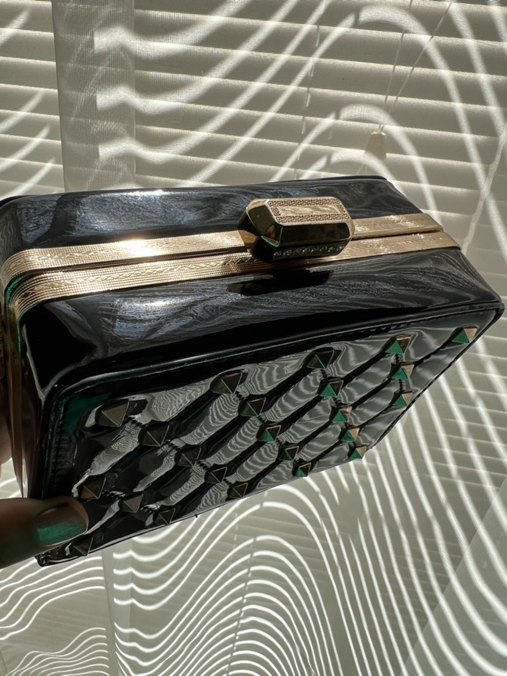 Black Studded Quilted Patent Clutch - Women Bags